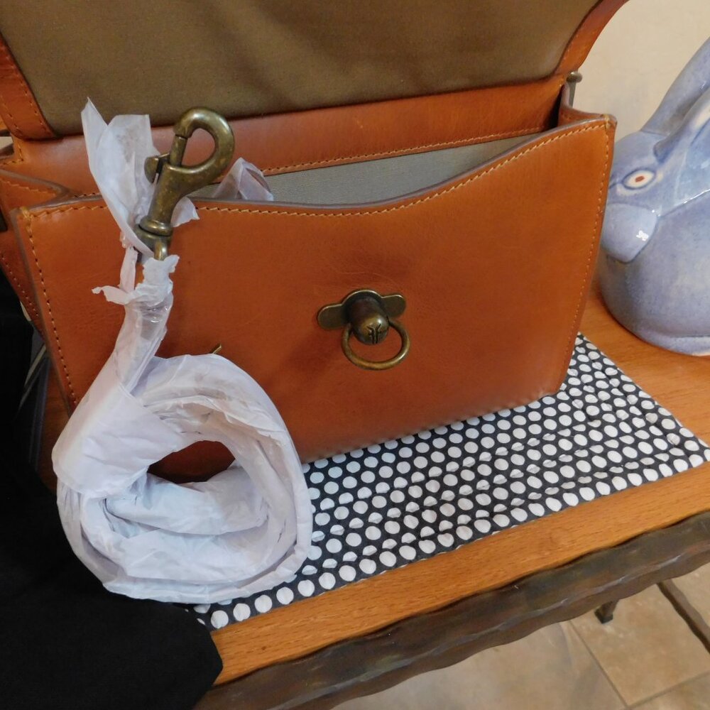 NWT Frye Farrah cognac leather satchel metal top handle tote bag crossbody purse - Picture 8 of 16